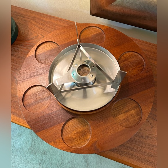 Read STELTON Denmark Fondue Set MCM Mid Century Modern Teak Lazy Susan Stainless - Picture 6 of 16